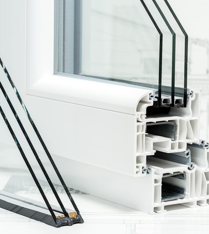 A cross section of window Design of pvc profiles for window, triple glazin cross selection, technical drawing on background.